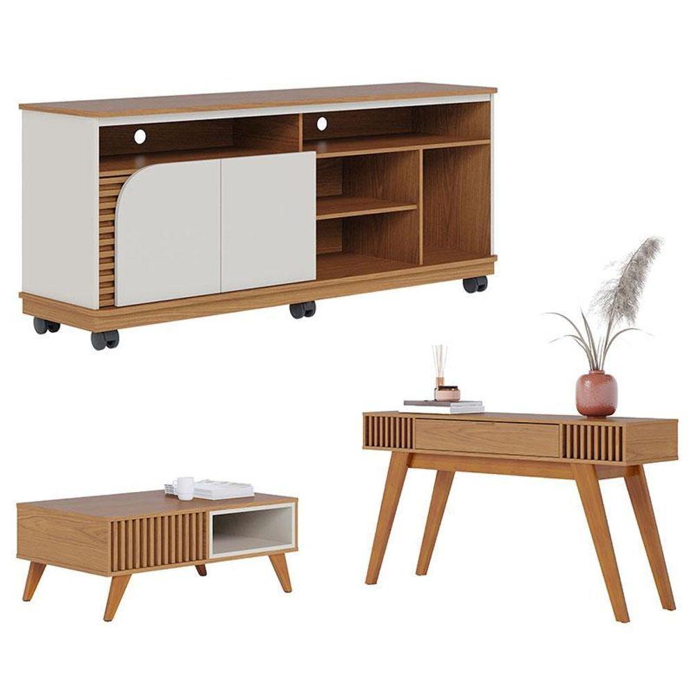 Rack Bancada Jurerê 1.5 Com Mesa De Centro Jeri Freijó Off White Matte E Aparador Riviera Freijó - Colibri - 1