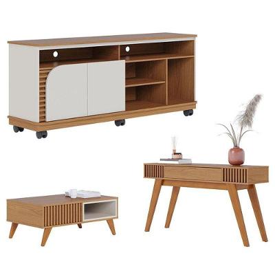 Rack Bancada Jurerê 1.5 Com Mesa De Centro Jeri Freijó Off White Matte E Aparador Riviera Freijó – Colibri