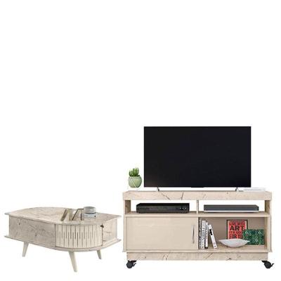 Rack Bancada com Mesa de Centro Artur Indianápolis em MDP com Porta de Correr e Rodízios Off White