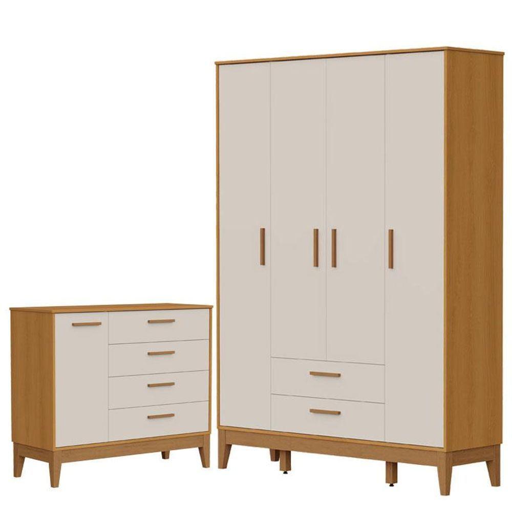 Guarda Roupa Infantil Flip 4 Portas Com Cômoda Sapateira Infantil Flip Areia Acetinado Savana - Reller - 1