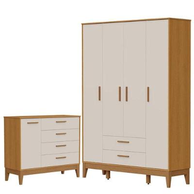 Guarda Roupa Infantil Flip 4 Portas Com Cômoda Sapateira Infantil Flip Areia Acetinado Savana - Reller