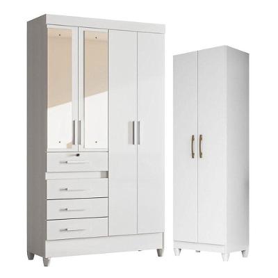 Guarda Roupa Infantil Sobral Com Espelho E Armário Multiuso New íris Branco Brilho - Moval