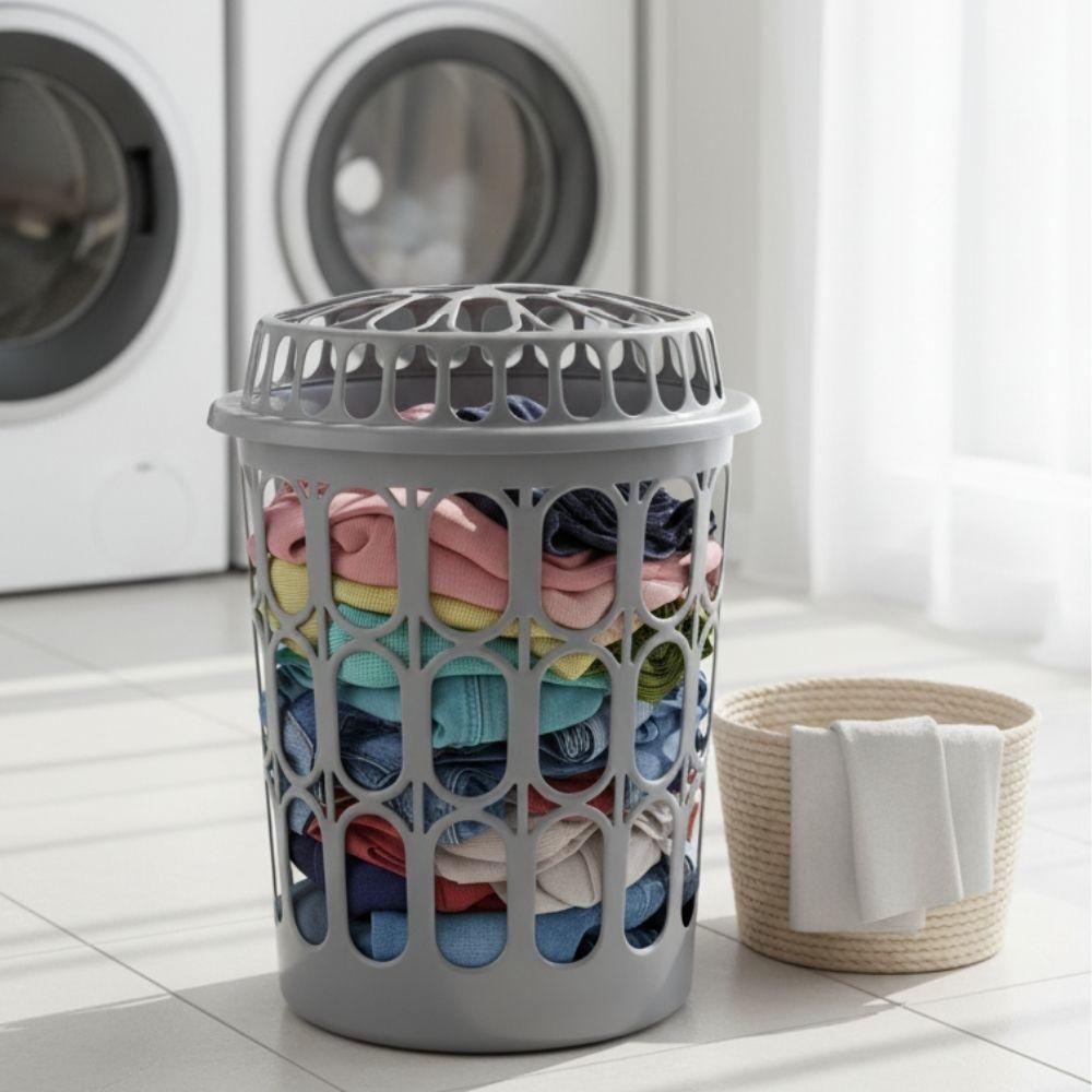 Cesto Roupas Suja 30 Litros Organizador Telado Redondo Multiuso Tampa Lavanderia Banheiro Quarto Rouperio Reforcado Lixe - 4