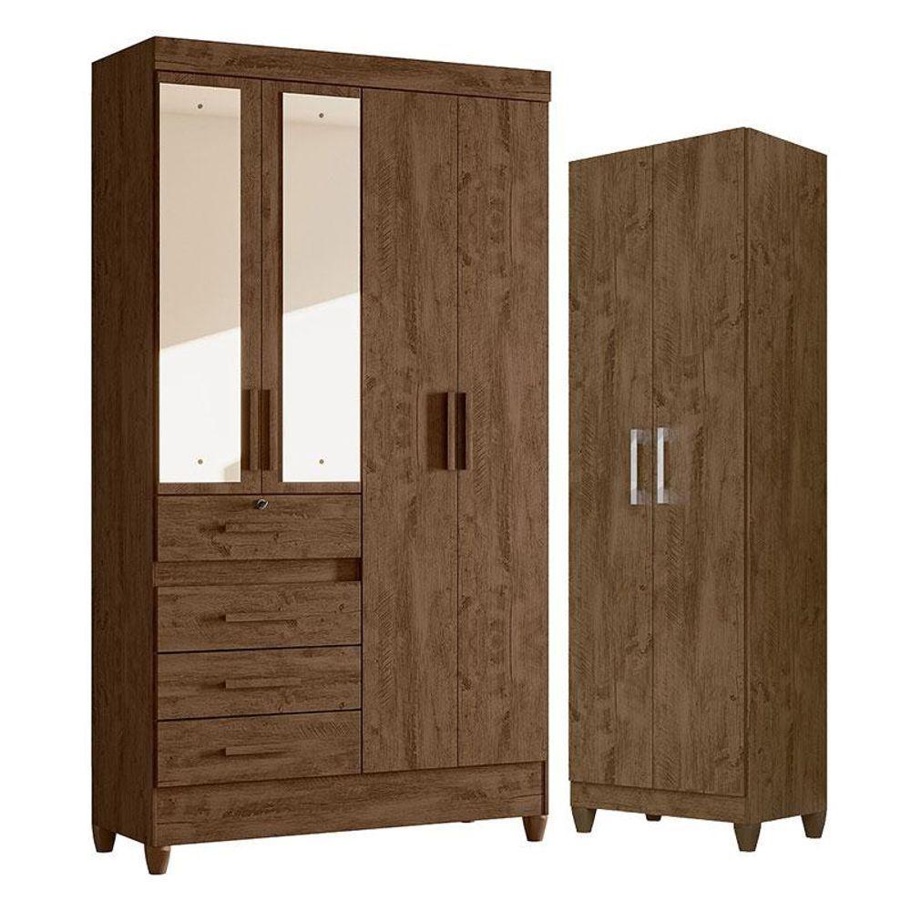 Guarda Roupa Solteiro Sobral Com Espelho E Armário Multiuso New íris Castanho Wood - Moval - 1
