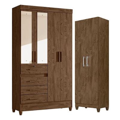 Guarda Roupa Solteiro Sobral Com Espelho E Armário Multiuso New íris Castanho Wood - Moval