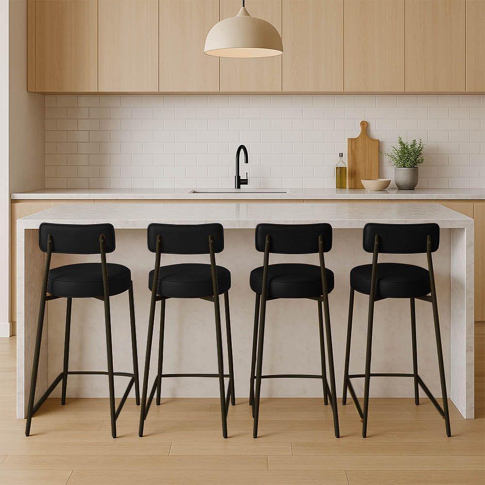 Banqueta Cozinha Alta Com Encosto Industrial Preto Kit 4 Londres Pu D03 - D'rossi Preto - 1