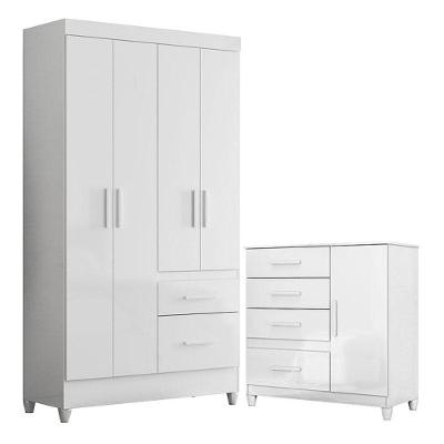 Guarda Roupa Solteiro Madri E Cômoda Vênus Com Pés Branco Flex - Moval