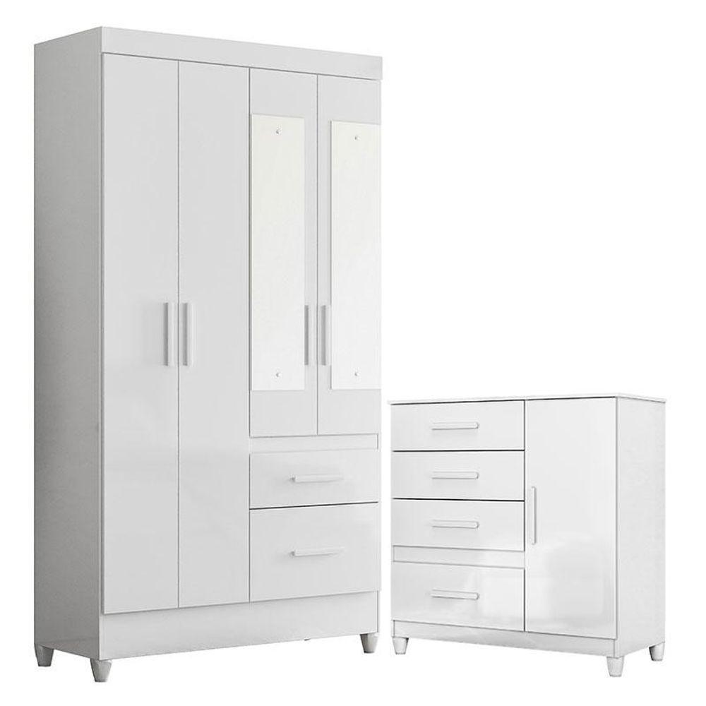 Guarda Roupa Solteiro Madri Com Espelho E Cômoda Vênus Com Pés Branco Flex - Moval - 1