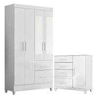 Guarda Roupa Solteiro Madri Com Espelho E Cômoda Vênus Com Pés Branco Flex - Moval - 1