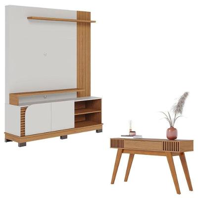 Estante Home Theater Jurerê 1.5 Off White Matte Freijó Com Aparador Riviera Freijó - Colibri