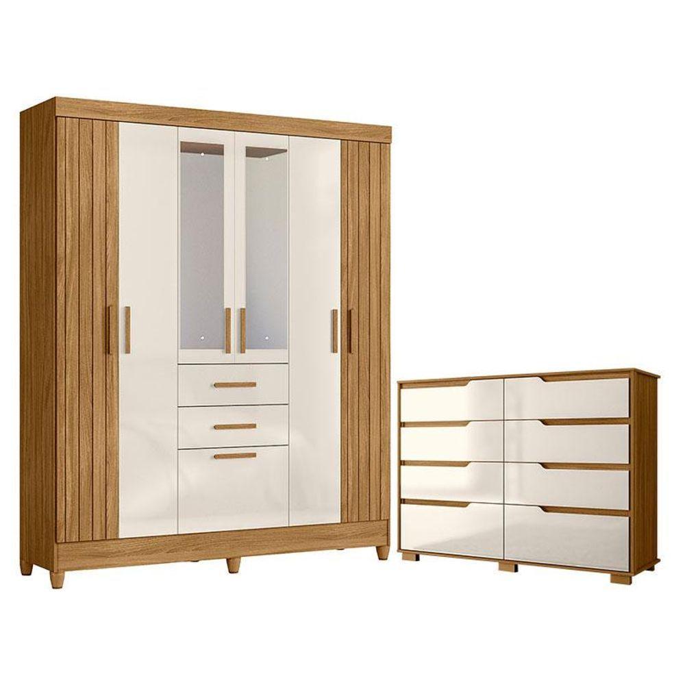 Guarda Roupa Solteiro Malta Com Espelho E Cômoda Georgia Freijó Off White - Moval - 1