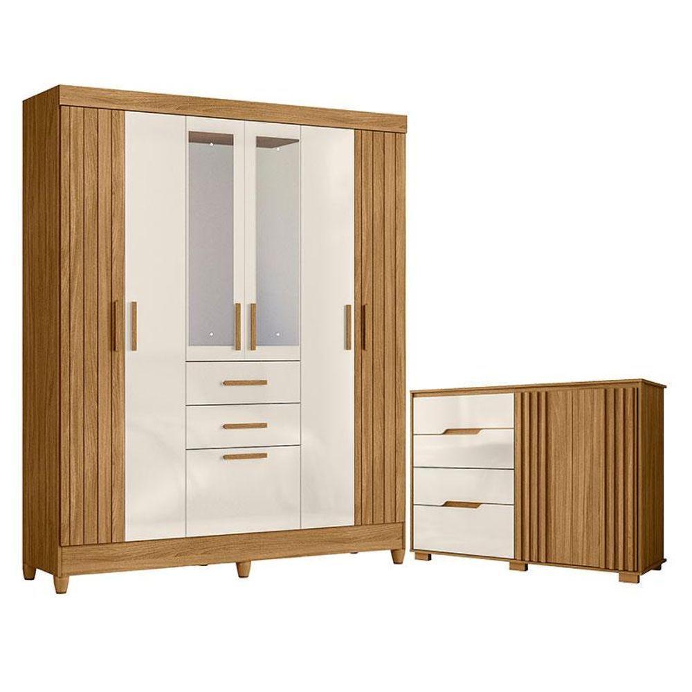 Guarda Roupa Solteiro Malta Com Espelho E Cômoda Texas Freijó Off White - Moval - 1