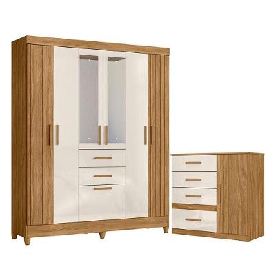 Guarda Roupa Solteiro com Cômoda Malta 7 Portas de Bater 2 Gavetas em MDF e MDP Freijó Off White