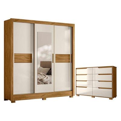 Guarda Roupa Casal e Cômoda Bahamas Georgia 3 Portas Correr 2 Gavetas MDP Freijó Off White Brilho