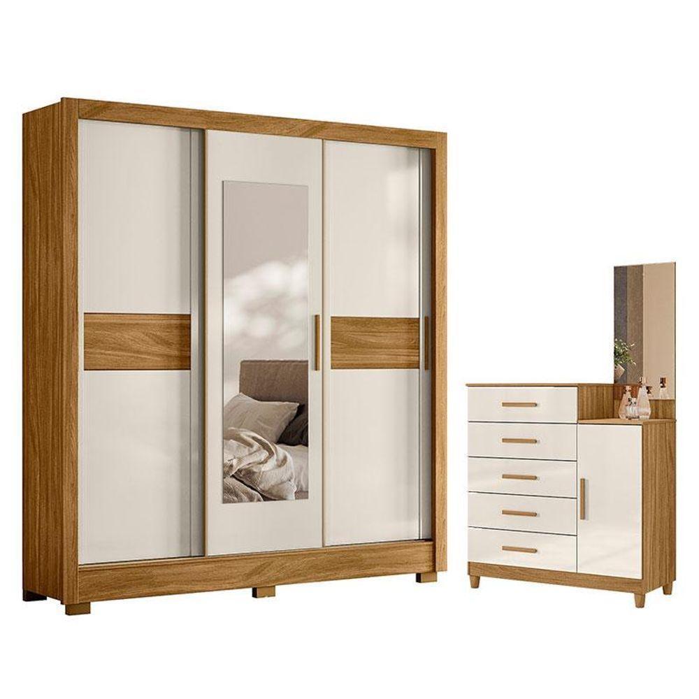 Guarda Roupa Casal Bahamas E Cômoda Lisboa Freijó Off White- Moval - 1