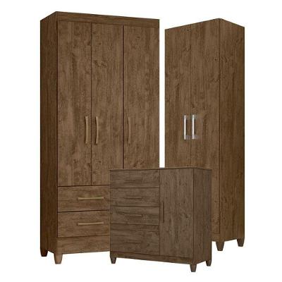 Guarda Roupa Solteiro Lima Com Cômoda Vênus Com Pés E Armário Multiuso New íris Castanho Wood - Moval
