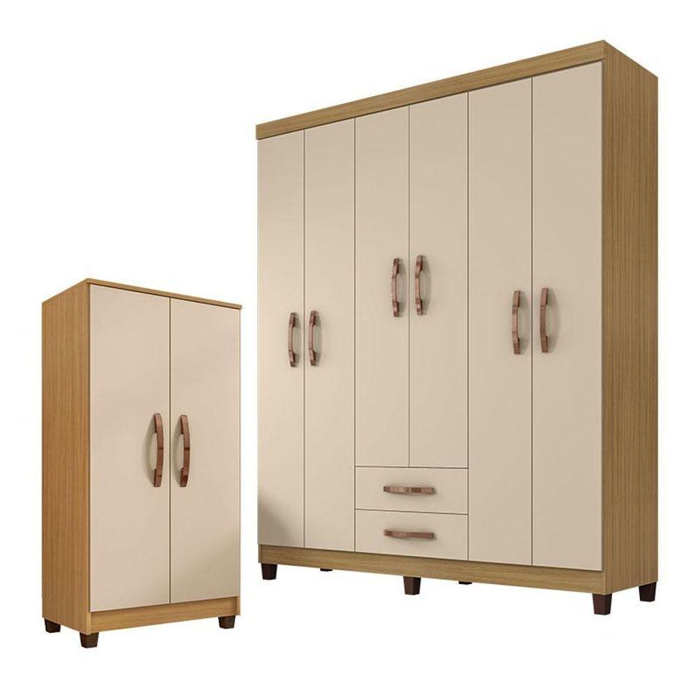 Guarda Roupa Casal Módena Com Armário Multiuso Recife Carvalho Americano Off White - Incorplac - 1