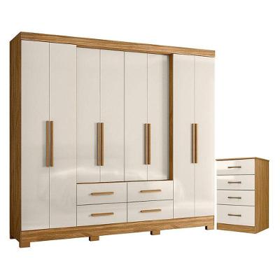 Guarda Roupa Casal e Cômoda San Lorenzo Ms913 8 Portas 4 Gavetas em Mdp Freijó Off White Brilho