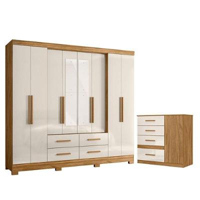 Guarda Roupa Casal com Cômoda San Lorenzo 9 Portas 9 Gavetas MDP Freijó Off White Brilho