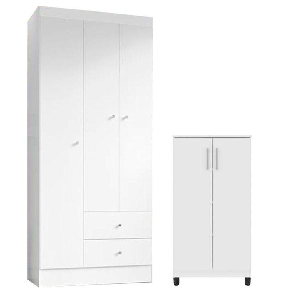 Guarda Roupa Solteiro Versa 3 Portas Branco Rosa Flex Fosco Com Armário Multiuso Brisa Branco Fosco - Kits Paraná - 1