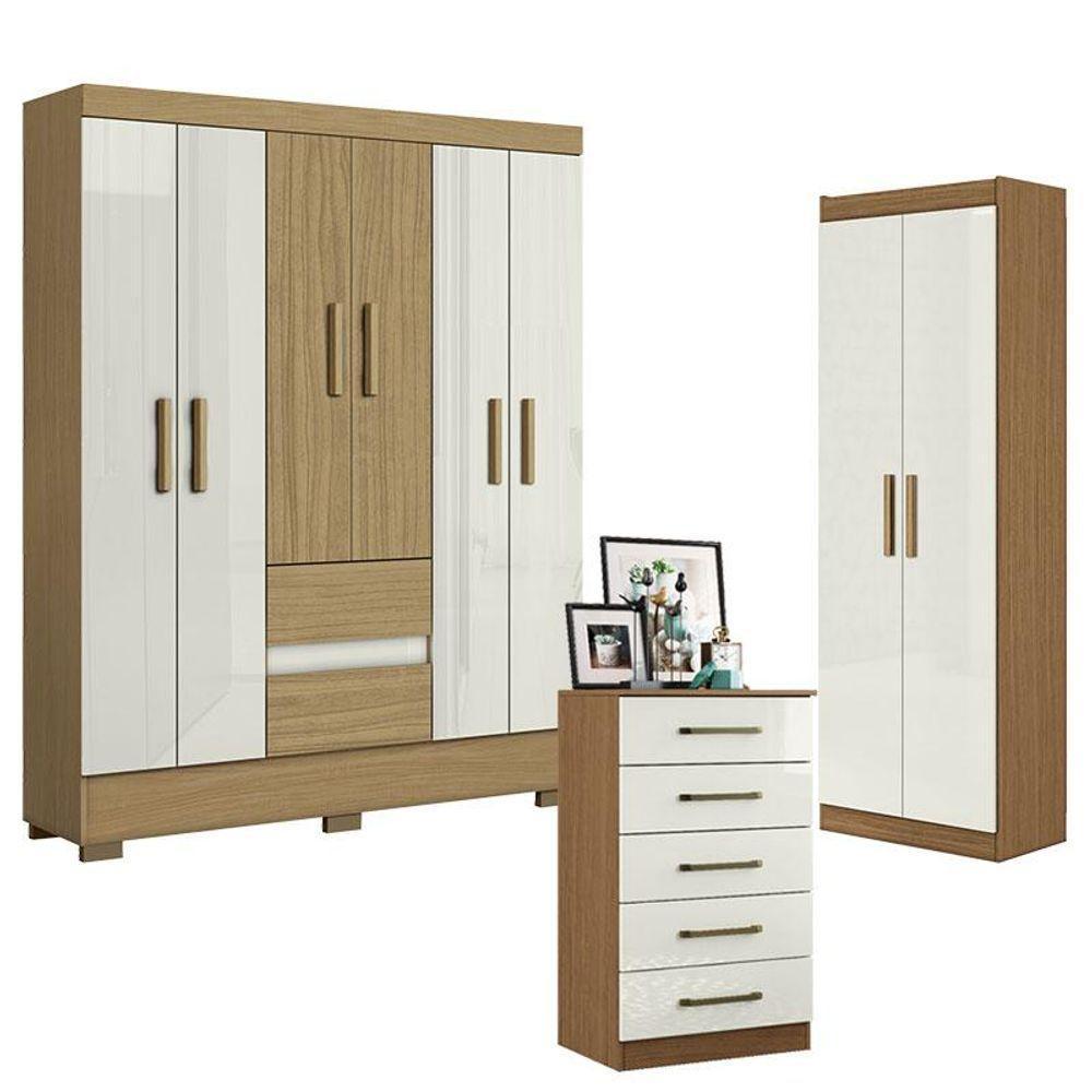 Guarda Roupa Casal Coimbra 2005138 Com Armário Multiuso New 2000191 E Cômoda 2014140 Atacama Off White - Aramóveis - 1