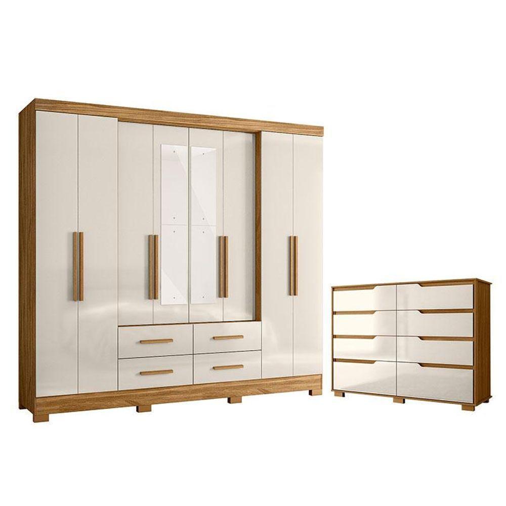 Guarda Roupa Casal San Lorenzo Com Espelho E Cômoda Georgia Freijó Off White - Moval - 1