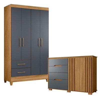 Guarda Roupa Solteiro Chile E Cômoda Texas Freijó Cinza - Moval