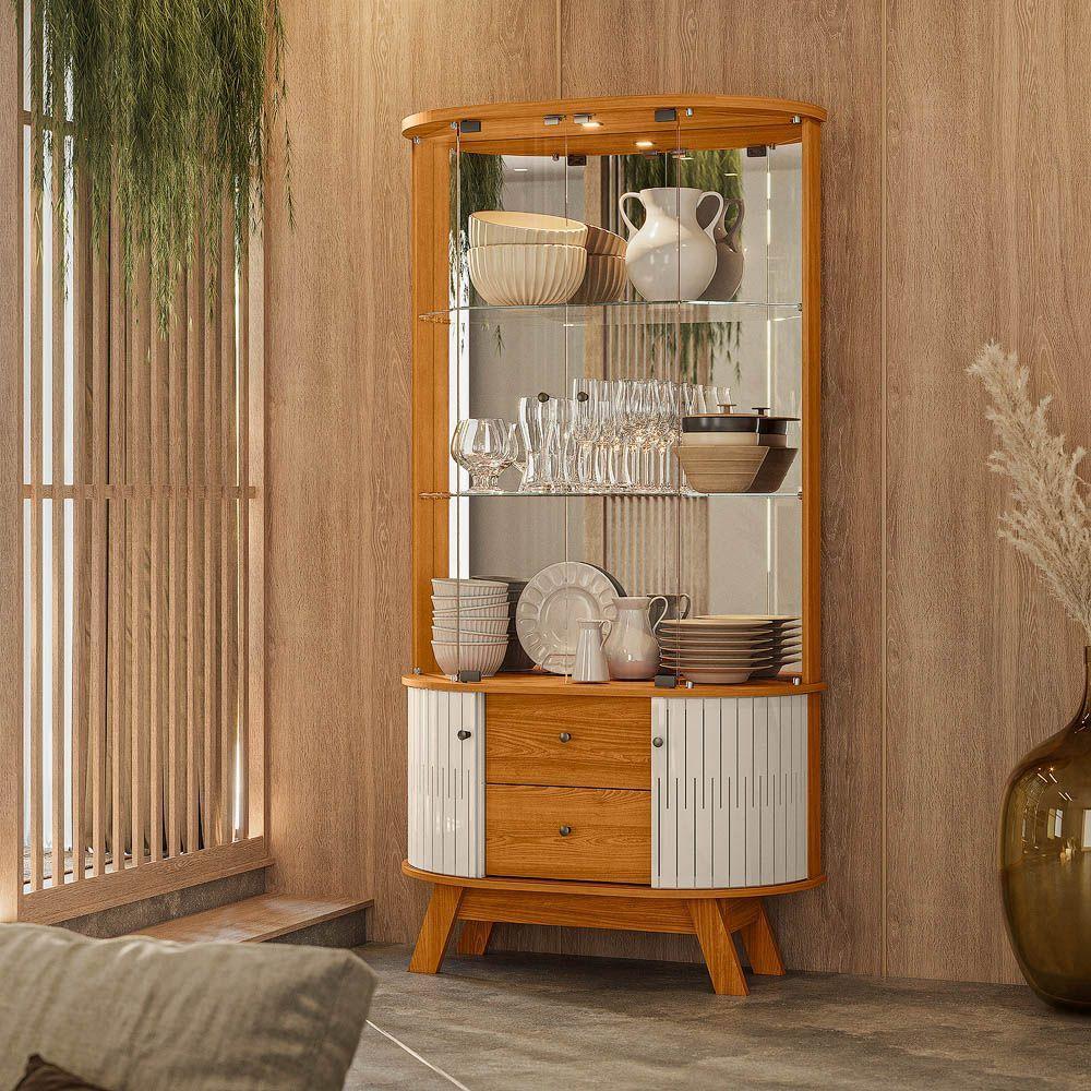 Cristaleira De Vidro Com Led 91cm Sala De Jantar Zunari M20 - D'rossi Cinamomo E Off White - 1