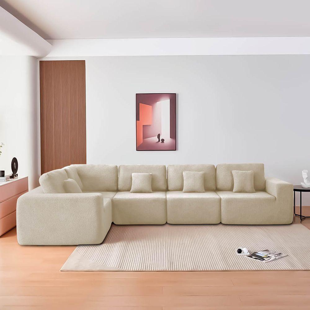 Kit Sofá Modular 5 Lugares Moderno Curvo Orgânico Adapt Bouclé - Amarena Móveis Cor Bege - 2