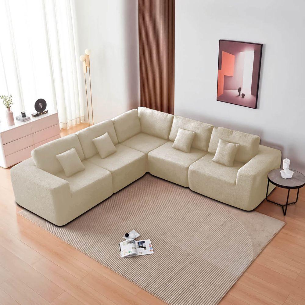 Kit Sofá Modular 5 Lugares Moderno Curvo Orgânico Adapt Bouclé - Amarena Móveis Cor Bege - 7