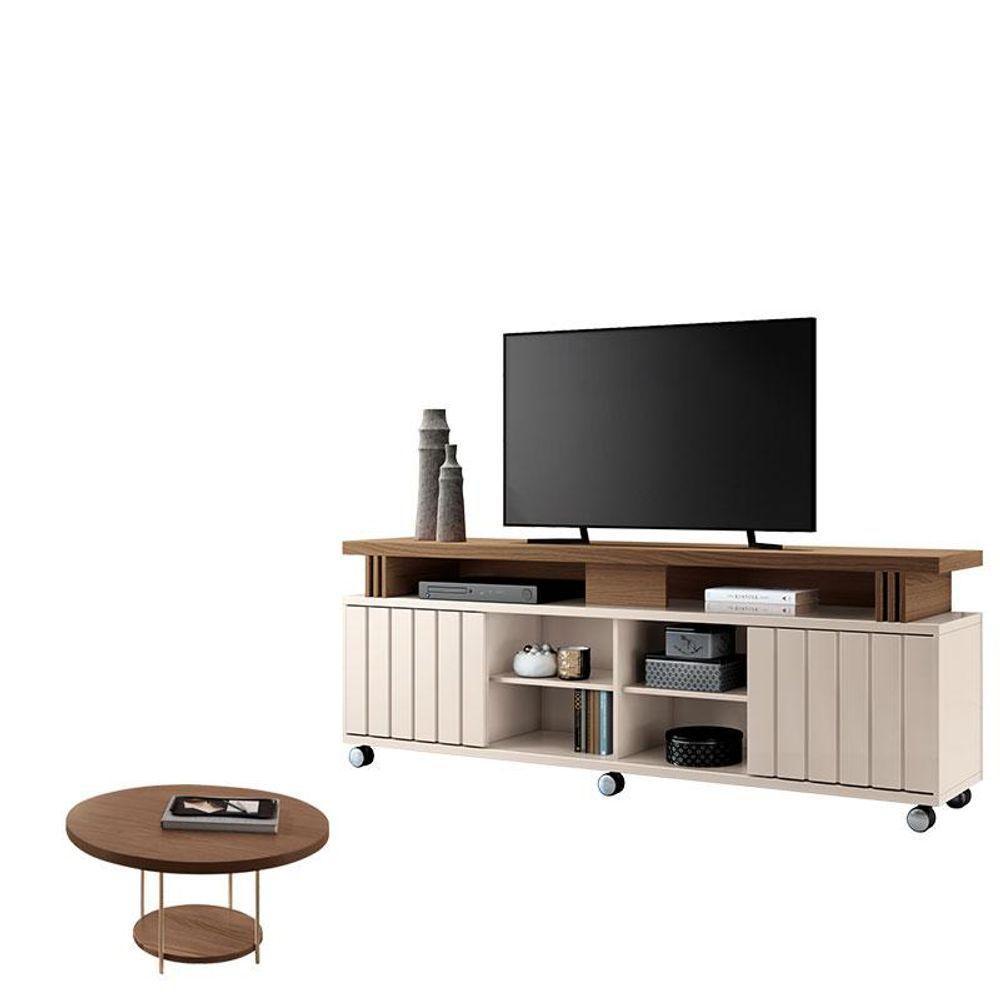 Rack Bancada Rivera 1.8 Com Mesa De Centro Sky Off White Castanho - Hb Móveis - 1