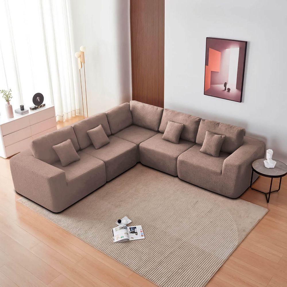 Kit Sofá Modular 5 Lugares Moderno Curvo Orgânico Adapt Linho - Amarena Móveis Rosê - 1