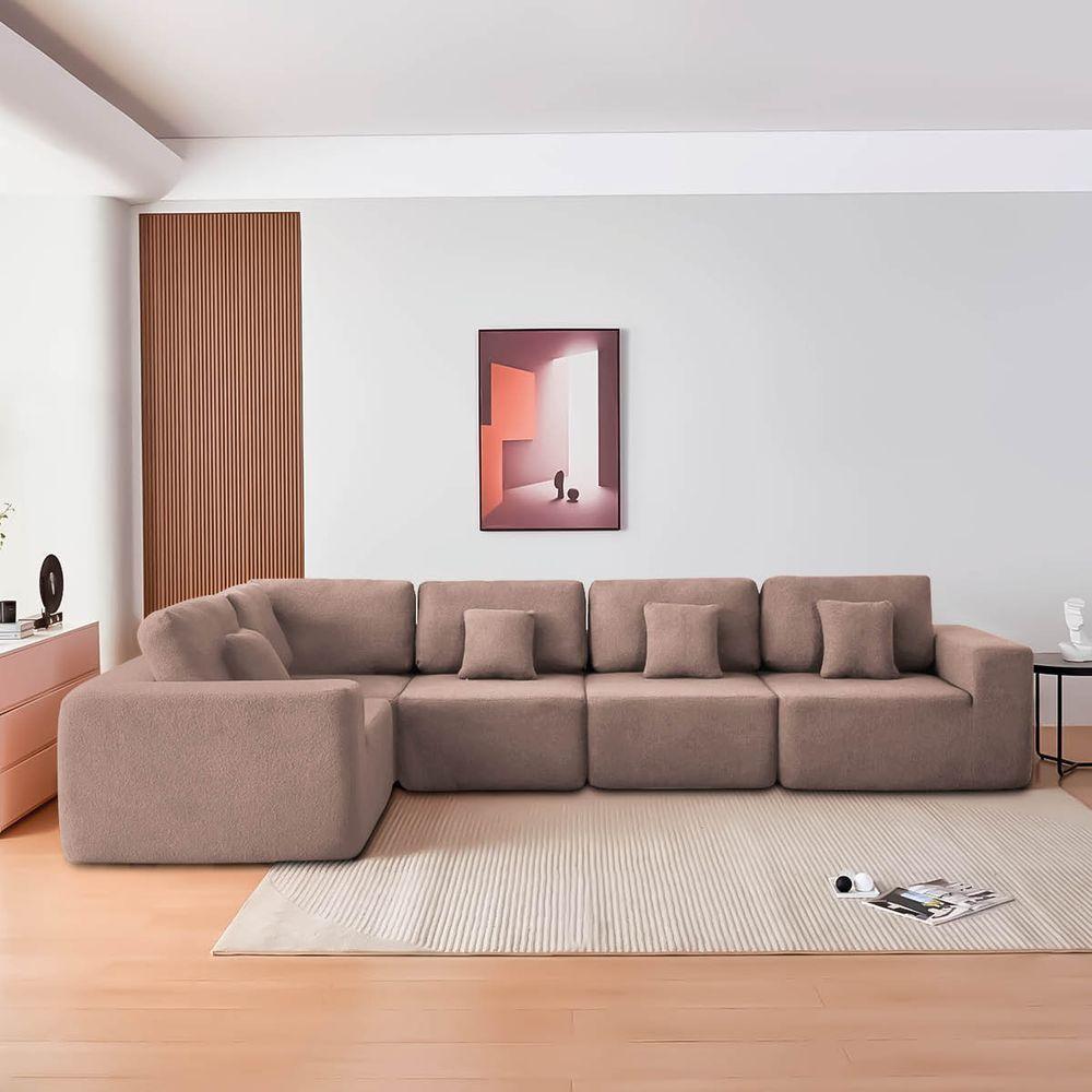 Kit Sofá Modular 5 Lugares Moderno Curvo Orgânico Adapt Linho - Amarena Móveis Rosê - 6