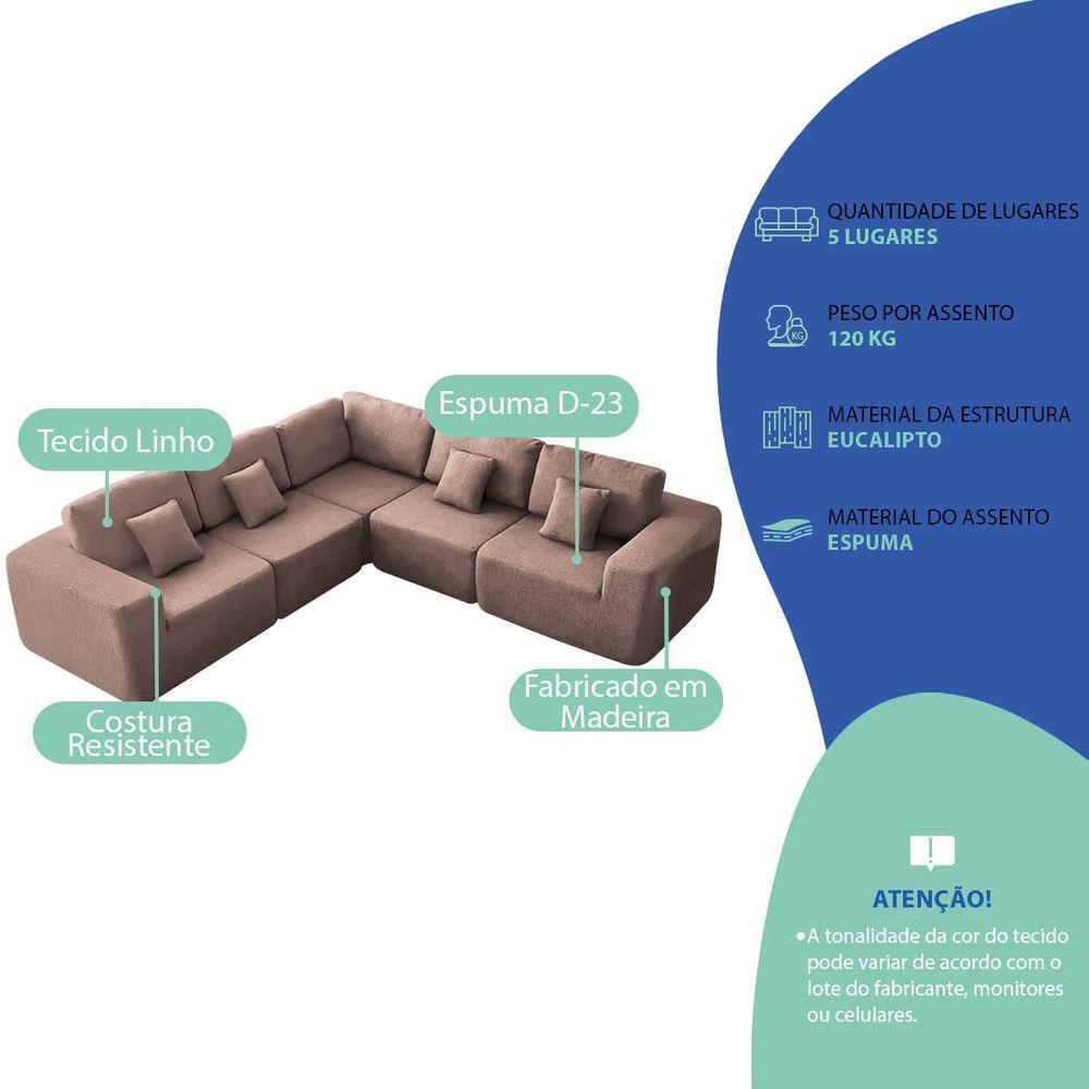 Kit Sofá Modular 5 Lugares Moderno Curvo Orgânico Adapt Linho - Amarena Móveis Rosê - 8