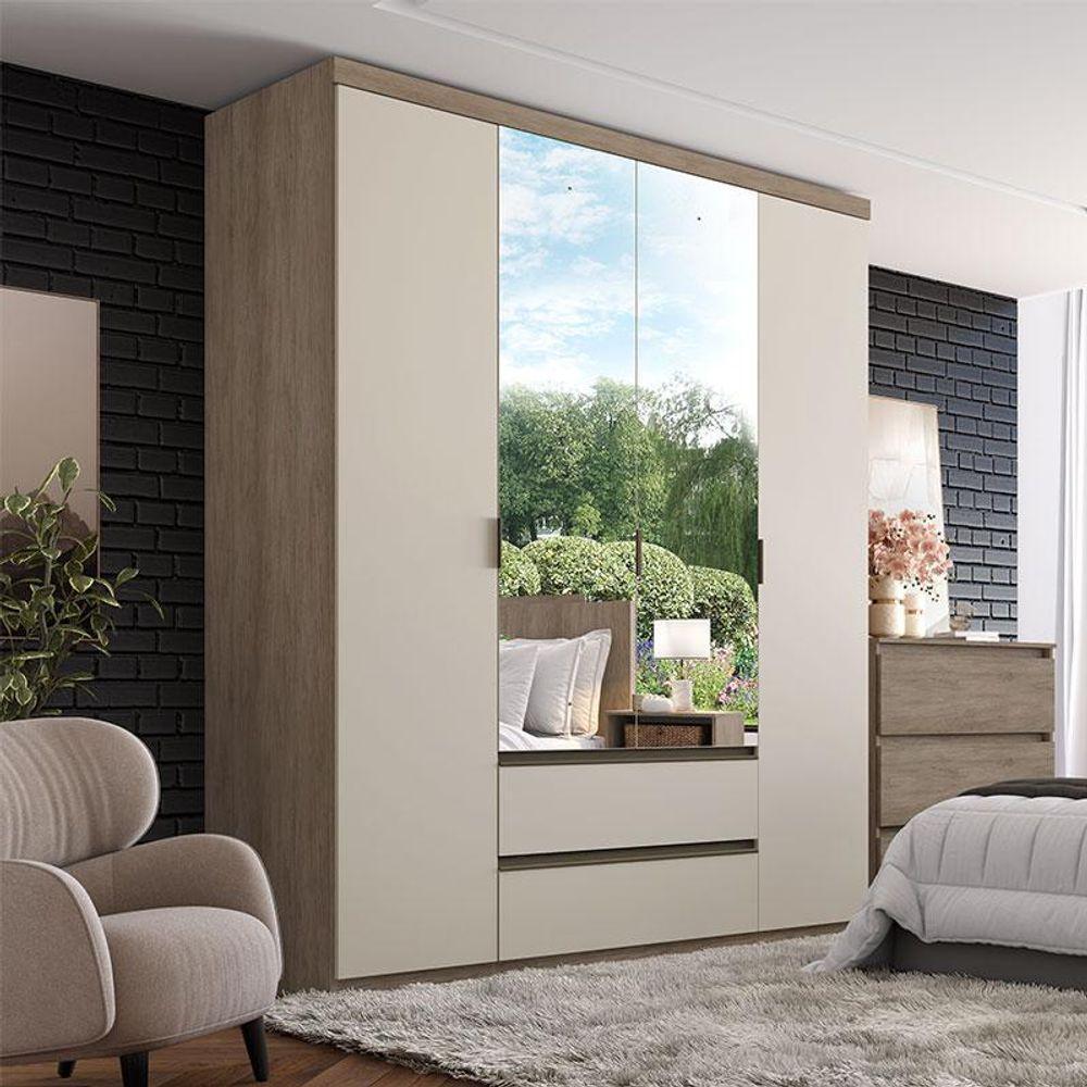 Guarda Roupa Solteiro Nobre Glass 4 Portas Rustic Off White Acetinado - Thb - 4