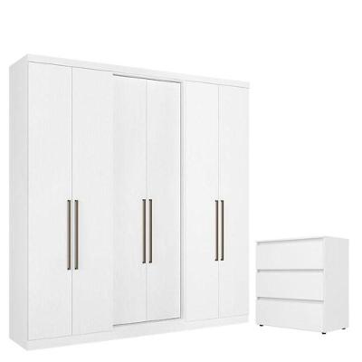 Guarda Roupa Casal Presence 6 Portas Branco Acetinado E Cômoda Gaveteiro Condessa Branco - Thb