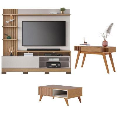Estante Home Theater Maceió Com Pés Com Mesa De Centro Jeri Freijó Off White E Aparador Riviera Freijó - Colibri