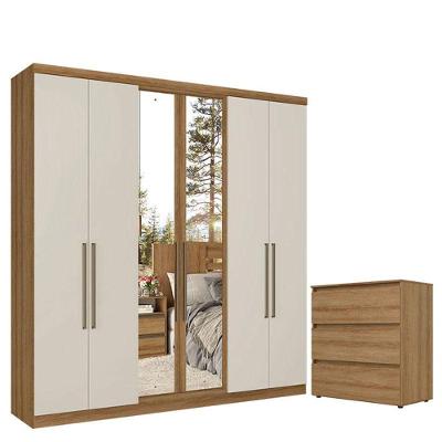 Guarda Roupa Casal Presence Full Glass 6 Portas Almendra Off White E Cômoda Gaveteiro Condessa Almendra - Thb