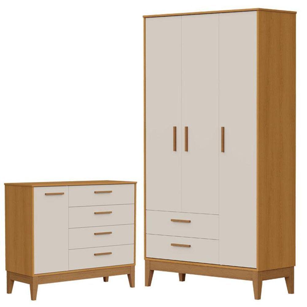 Guarda Roupa Infantil Flip 3 Portas Com Cômoda Infantil Sapateira Flip Areia Acetinado Savana - Reller - 1