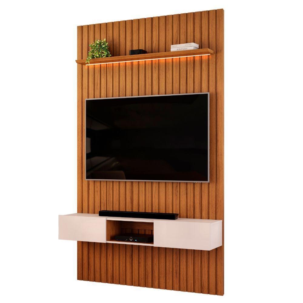 Painel Para Tv Até 55 Polegadas 1,43m Ripado Autêntico Com Led E Nicho Montreal Madeirado/off White - 2