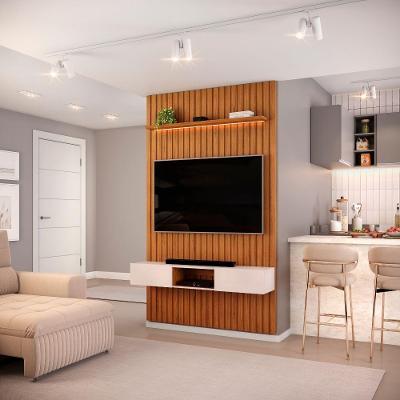 Painel Para Tv Até 55 Polegadas 1,43m Ripado Autêntico Com Led E Nicho Montreal Madeirado/off White