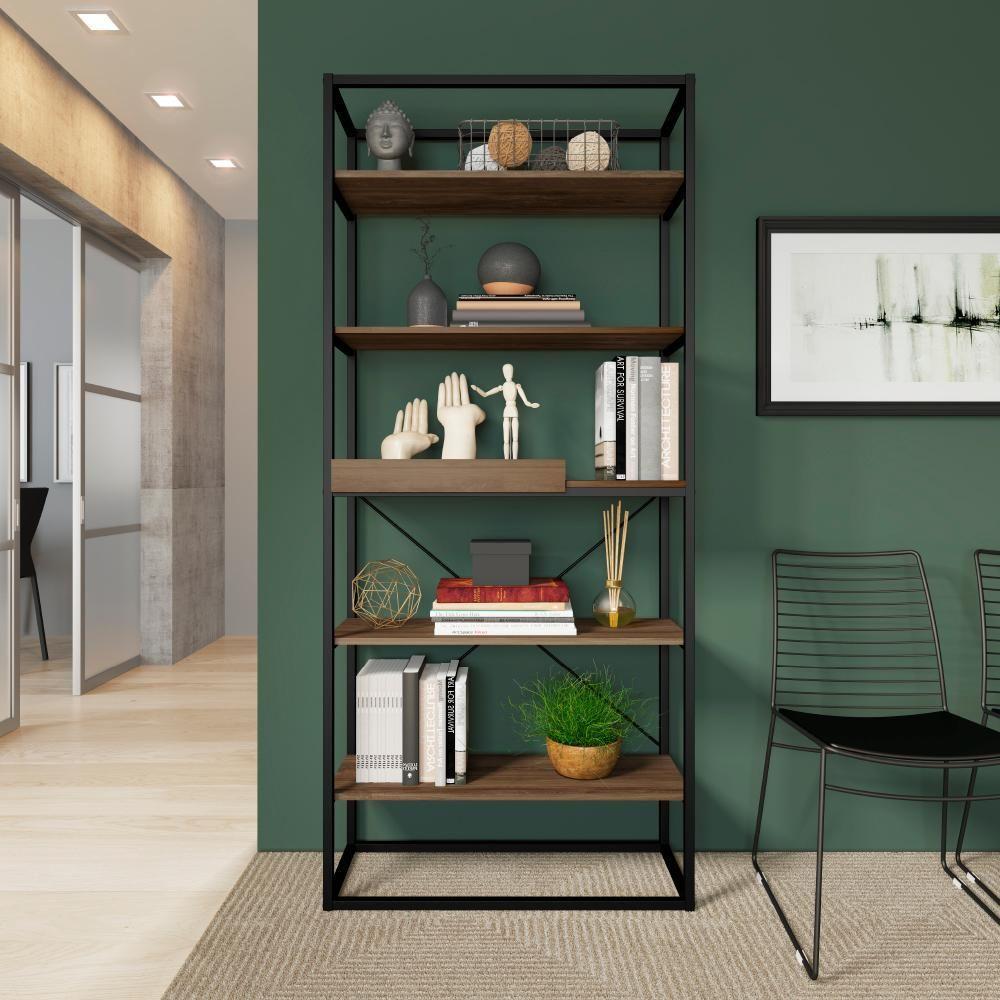 Estante Alta Com Bandeja Madeirada E Tubos Pretos - 1