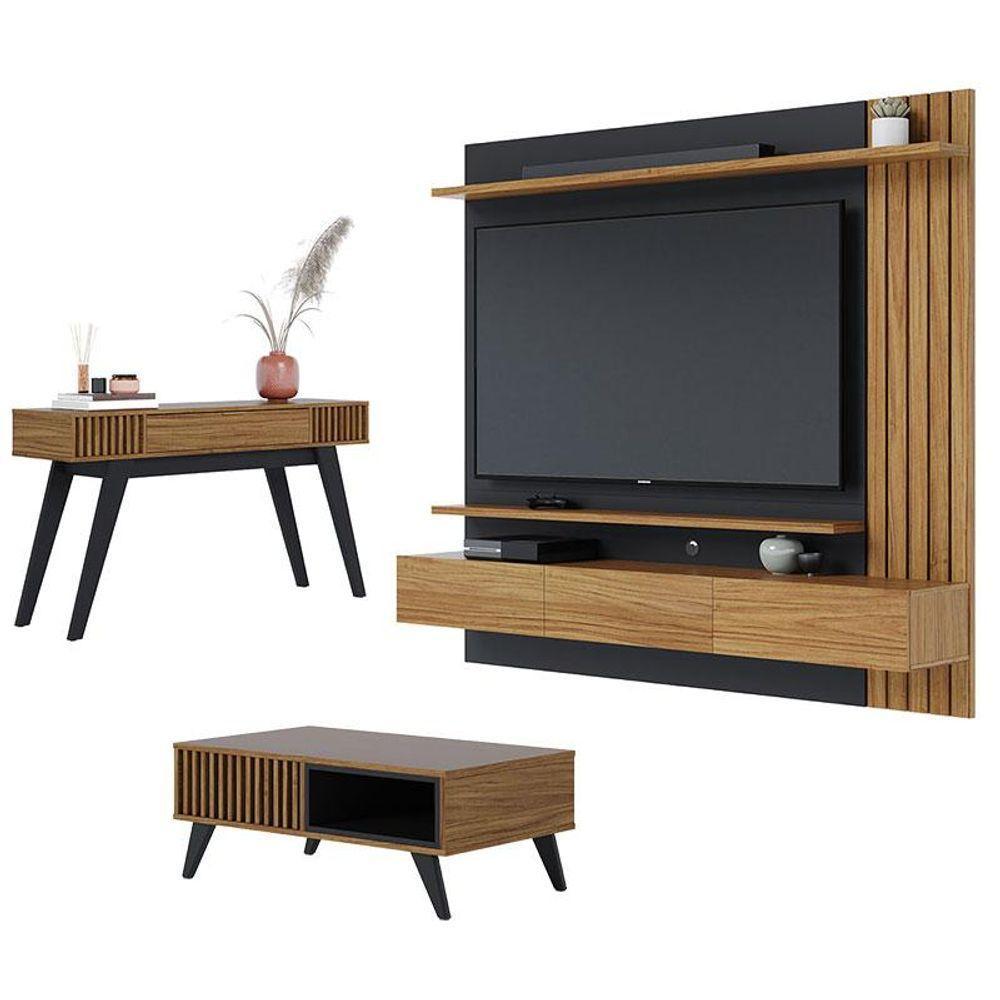 Painel Para Tv Home Suspenso Juriti 1.8 Com Mesa De Centro Jeri E Aparador Riviera Noce Milano Preto Acetinado - Colibri - 1