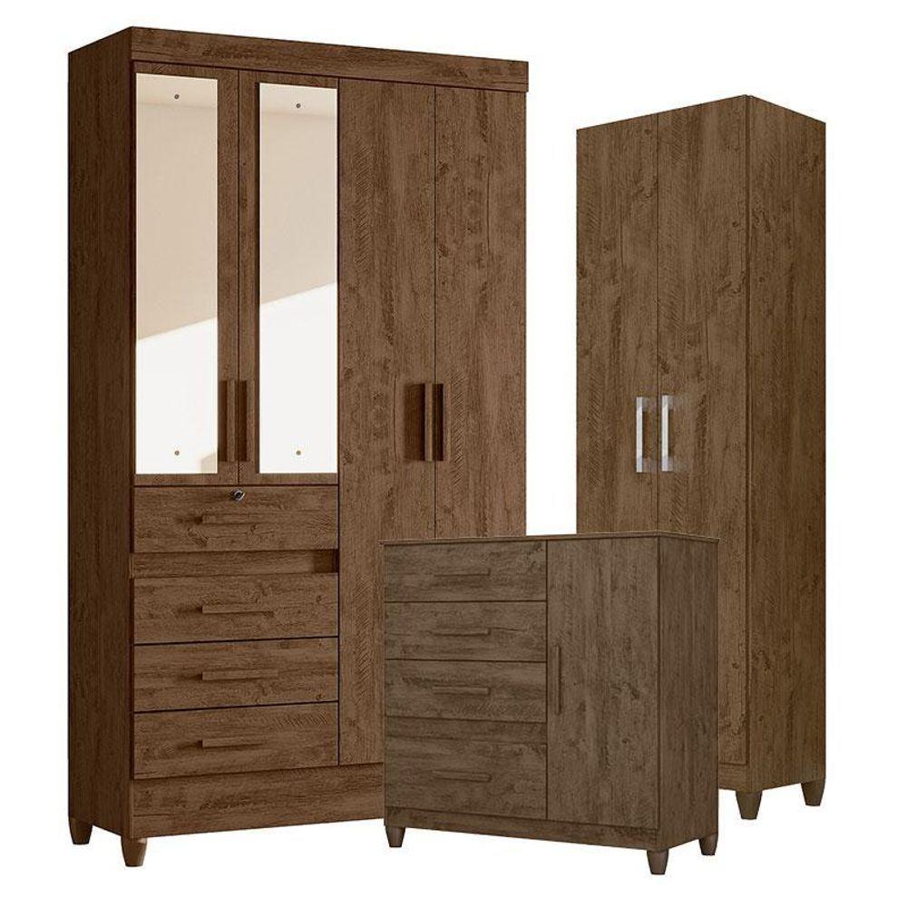Guarda Roupa Com Espelho Solteiro Sobral Com Cômoda Vênus Com Pés E Armário Multiuso New íris Castanho Wood - Moval - 1