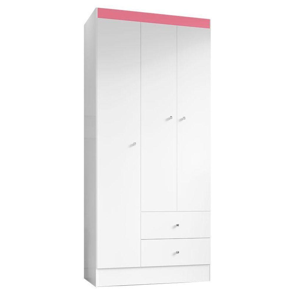 Guarda Roupa Solteiro Versa 3 Portas Branco Rosa Flex Fosco Com Armário Multiuso Luna Branco Fosco - Kits Paraná - 3