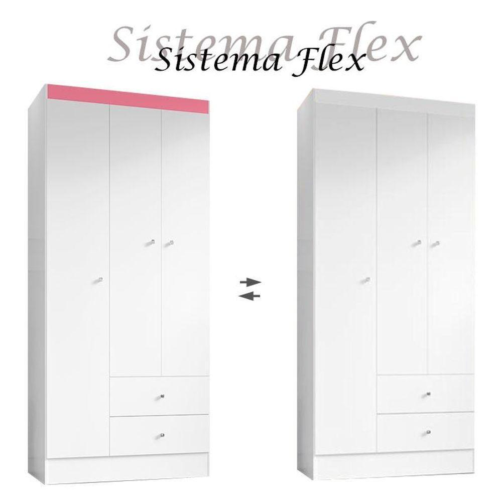 Guarda Roupa Solteiro Versa 3 Portas Branco Rosa Flex Fosco Com Armário Multiuso Luna Branco Fosco - Kits Paraná - 4