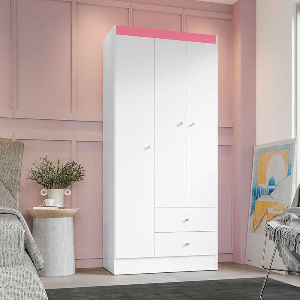 Guarda Roupa Solteiro Versa 3 Portas Branco Rosa Flex Fosco Com Armário Multiuso Luna Branco Fosco - Kits Paraná - 7