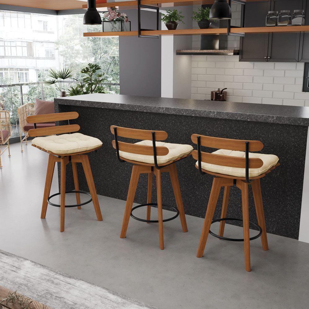 Kit 04 Banquetas Giratória Costela Linho Base Madeira Ma70 J01 - D'rossi A32 Palha - 3