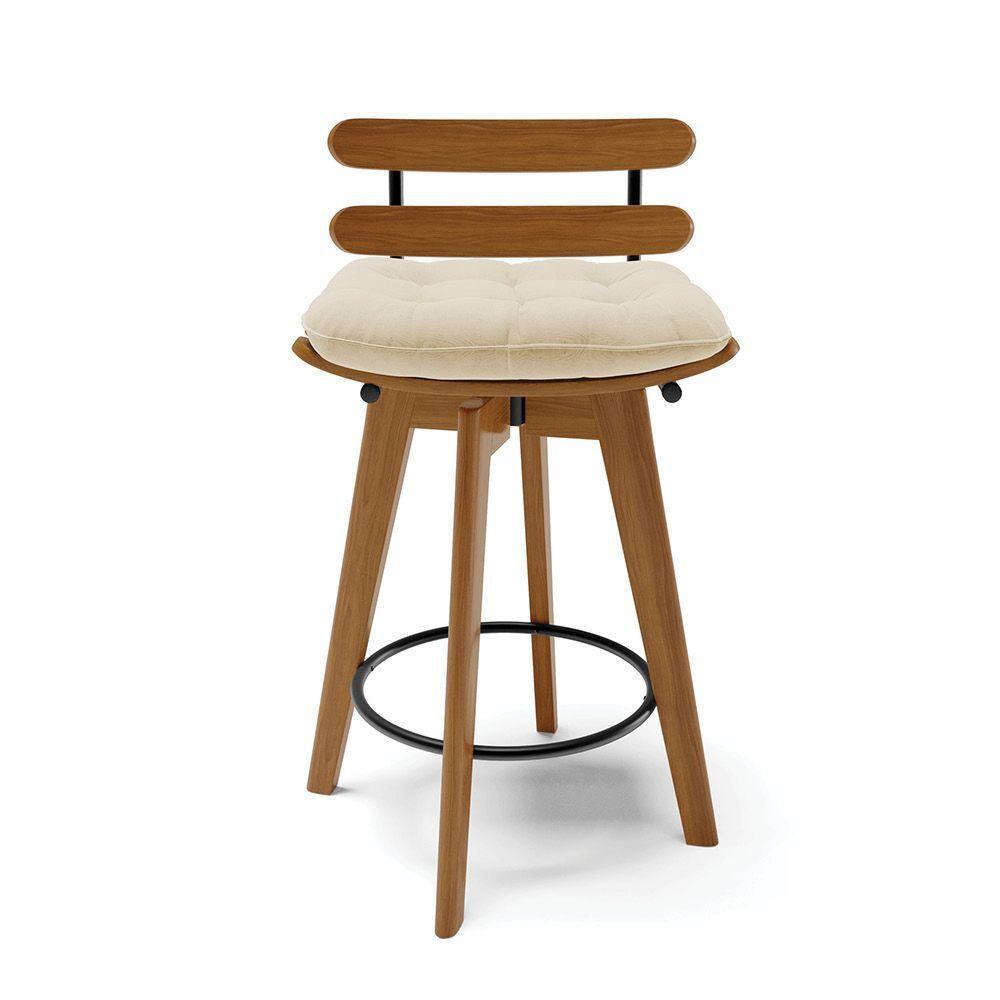 Kit 04 Banquetas Giratória Costela Linho Base Madeira Ma70 J01 - D'rossi A32 Palha - 4