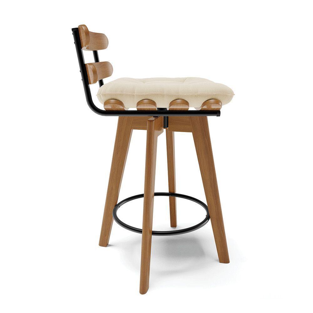 Kit 04 Banquetas Giratória Costela Linho Base Madeira Ma70 J01 - D'rossi A32 Palha - 5